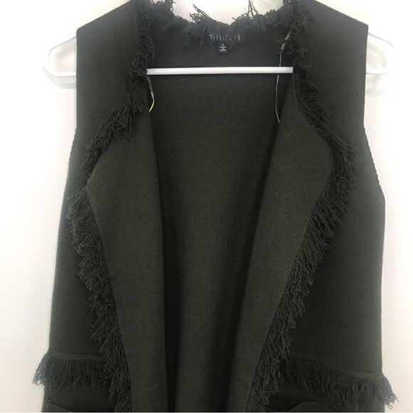 Sisters Olive Green Felted Knit Fringed Open Front Tunic Cardigan Vest - Picture 9 of 16